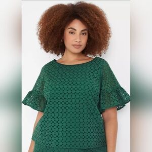 Lane Bryant Emerald Green Eyelet Lace Ruffle Sleeve Top